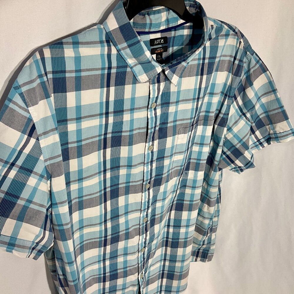 Apt 9 Sz XXL Mens Stretch Slim Fit Blue Plaid Short Sleeve Shirt